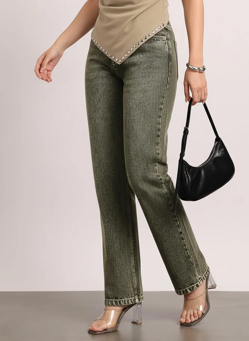 أوربانو فاشن Urbano Fashion Women's Light Grey High Rise Straight Fit Washed Jeans Non-Stretchable